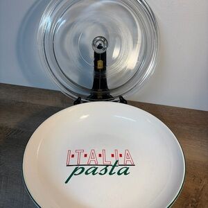 I•T•A•L•I•A PASTA White 12 Inch Serving Bowl Dish With Glass Clear Lid